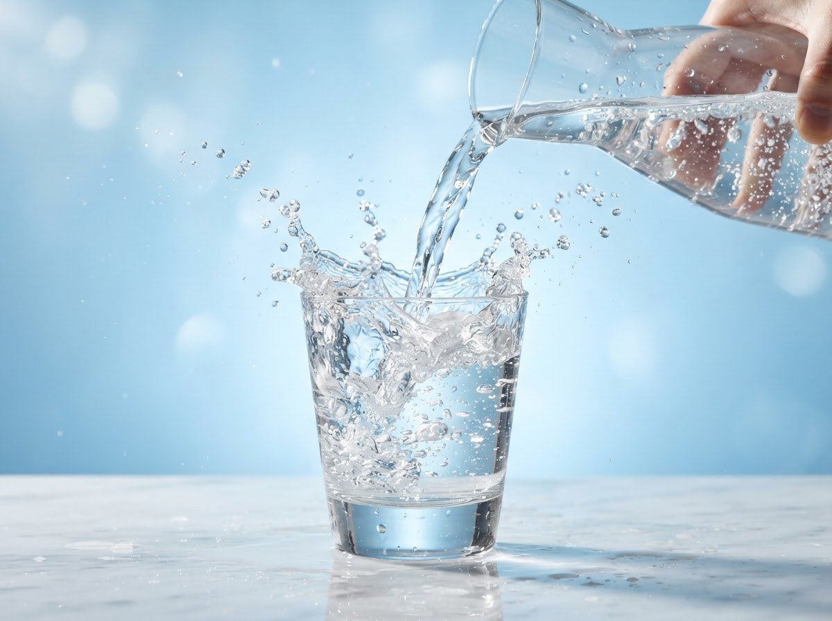 Clear filtered water pouring into a glass